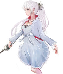 Rule 34 | 1girl, belt, blue eyes, cropped jacket, dress, hidenkd987, high collar, highres, jewelry, lace, lace-trimmed skirt, lace trim, long hair, necklace, pendant, ponytail, profile, rapier, ribbon, rwby, skirt, solo, sword, weapon, weiss schnee, white background, white dress, white hair