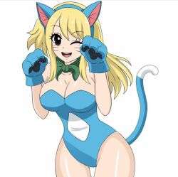 Rule 34 | 1girl, animal ears, animal hands, blonde hair, breasts, cat ears, cat girl, cat tail, cosplay, fairy tail, gloves, hfxpins, leotard, lucy heartfilia, non-web source, paw gloves, simple background, smile, solo, tail, white background