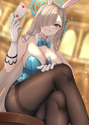 1girl animal_ears asle asuna_(blue_archive) asuna_(bunny)_(blue_archive) bare_shoulders blue_archive blue_eyes blue_leotard blush bow bowtie breasts brown_pantyhose cleavage detached_collar elbow_gloves fake_animal_ears gloves hair_over_one_eye highleg highleg_leotard highres large_breasts leotard light_brown_hair long_hair looking_at_viewer mole mole_on_breast pantyhose playboy_bunny rabbit_ears thighs traditional_bowtie white_gloves