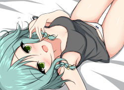 Rule 34 | 1girl, :d, bang dream!, bare arms, bare shoulders, bed sheet, black camisole, blush, bow, bow panties, braid, breasts, brown bow, camisole, commentary request, green eyes, green hair, hair between eyes, hair bow, hand up, hikawa hina, looking at viewer, lying, no pants, on back, open mouth, panties, small breasts, smile, solo, sonosakiburi, thigh gap, twin braids, underwear, underwear only, white panties