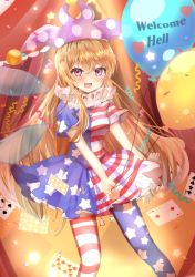 Rule 34 | 1girl, :d, american flag dress, balloon, blonde hair, blush, breasts, card, clownpiece, club (shape), diamond (shape), english text, eyebrows hidden by hair, fairy wings, fang, feet out of frame, hair between eyes, happy, hat, highres, holding, holding balloon, jester cap, long hair, looking at viewer, maruro, medium breasts, neck ruff, open mouth, pantyhose, petticoat, pink eyes, pink hat, polka dot, short sleeves, skin fang, smile, solo, spade (shape), standing, star (symbol), star print, touhou, very long hair, wings