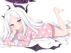 Rule 34 | 1girl, arm support, bed sheet, blue archive, blush, commentary request, dae (dog-of-maou), demon girl, demon horns, demon wings, forehead, highres, hina (blue archive), hina (pajamas) (blue archive), horns, leg up, long hair, long sleeves, looking at viewer, lying, on stomach, pajamas, parted bangs, pink pajamas, polka dot, polka dot pajamas, purple eyes, sidelocks, simple background, smile, solo, white background, white hair, wings