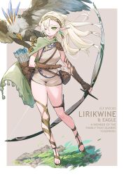 Rule 34 | 1girl, absurdres, animal, animal on shoulder, arrow (projectile), belt, belt pouch, bird, bird on shoulder, blonde hair, bow (weapon), cloak, eagle, earrings, elf, english text, fingerless gloves, full body, gloves, green eyes, highres, holding, holding bow (weapon), holding weapon, jewelry, long hair, nemoto yuuma, one eye closed, original, pointy ears, pouch, quiver, solo, standing, talons, tassel, thigh strap, weapon, wind, wind lift