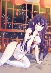 Rule 34 | 1girl, bed, blush, china dress, chinese clothes, cleavage cutout, clothing cutout, date a live, dress, fireworks, half updo, lantern, long hair, looking at viewer, lying, mo xx404, night, night sky, one eye closed, over-kneehighs, paper lantern, ponytail, purple eyes, purple hair, red ribbon, ribbon, sky, socks, thighhighs, tongue, tongue out, very long hair, white dress, white socks, white thighhighs, wink, yatogami tooka