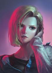 Rule 34 | 1girl, android 18, asymmetrical hair, black shirt, blonde hair, blue eyes, blue jacket, blunt ends, bob cut, collarbone, dragon ball, hand in own hair, highres, jacket, jacket partially removed, kacheong, long sleeves, looking to the side, parted bangs, parted lips, portrait, realistic, shirt, short hair, solo, striped sleeves