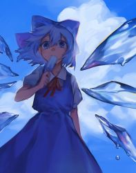 Rule 34 | 1girl, blue bow, blue dress, blue eyes, blue hair, bow, cirno, cloud, collared shirt, dress, food, food in mouth, hair between eyes, hair bow, highres, ice cream, looking at viewer, melting, neck ribbon, popsicle, popsicle in mouth, puffy short sleeves, puffy sleeves, red ribbon, ribbon, shidaccc, shirt, short hair, short sleeves, solo, sweat, touhou, water, water drop, white shirt