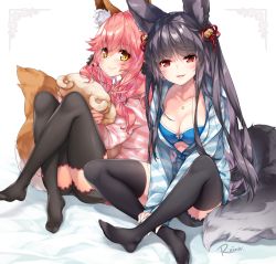 Rule 34 | 10s, 2girls, alternate costume, animal ears, bell, black bow, black legwear, blouse, blush, bow, breasts, cleavage, contemporary, crossover, erune, fate/extra, fate/grand order, fate (series), fox ears, fox tail, granblue fantasy, hair bell, hair ornament, hood, hoodie, jewelry, long braid, long hair, looking at viewer, medium breasts, multicolored hair, multiple girls, necklace, official alternate costume, parted lips, pink hair, red eyes, reina (black spider), shirt, striped clothes, striped hoodie, striped shirt, tail, tamamo (fate), tamamo no mae (fate/extra), tamamo no mae (spring casual) (fate), thighhighs, yellow eyes, yuel (granblue fantasy)