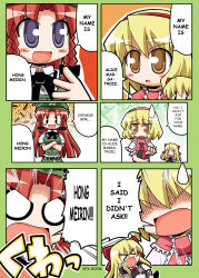 Rule 34 | &gt;:), &gt; &lt;, 3girls, :d, alice margatroid, angry, blonde hair, blush stickers, braid, chibi, comic, crossed arms, closed eyes, female focus, hard-translated, hat, herada mitsuru, hong meiling, jitome, multiple girls, no eyes, o o, open mouth, red hair, ribbon, shanghai doll, shouting, smile, sweatdrop, third-party edit, touhou, translated, twin braids, v-shaped eyebrows, | |