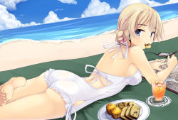 Rule 34 | 10s, 1girl, ass, back, bad id, bad pixiv id, barefoot, beach, beach towel, blonde hair, blue eyes, book, braid, bread, breasts, casual one-piece swimsuit, cellphone, clothing cutout, cloud, cookie, cowboy shot, cupcake, darjeeling (girls und panzer), day, drink, drinking, drinking straw, dutch angle, earphones, eating, feet, food, food in mouth, french braid, frilled swimsuit, frills, fruit, girls und panzer, holding, juice, lace, leg up, lineart, looking at viewer, looking back, lying, mat, medium breasts, military, military vehicle, motor vehicle, mouth hold, nksk, ocean, on stomach, one-piece swimsuit, open book, orange (fruit), orange slice, outdoors, pen, phone, plate, ribbon, short hair, side cutout, sideboob, sky, smartphone, soles, solo, swimsuit, tank, toes, towel, vehicle, water, white one-piece swimsuit