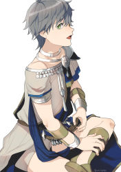 Rule 34 | 1boy, alternate costume, artist name, ashe ubert, bad id, bad pixiv id, bracelet, fire emblem, fire emblem: three houses, freckles, green eyes, grey hair, jewelry, male focus, necklace, nintendo, open mouth, sandals, sitting, solo, ushiomi, white background
