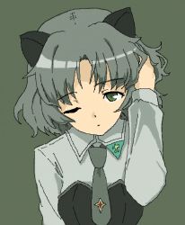 Rule 34 | 1girl, animal ears, bad id, bad pixiv id, cat ears, green background, green eyes, hand in own hair, long sleeves, military, military uniform, necktie, one eye closed, sanya v. litvyak, shiratama (hockey), silver hair, simple background, solo, strike witches, uniform, world witches series