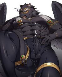 Rule 34 | 1boy, abs, animal ears, asutarou, bara, blush, bulge, covered penis, cum, cum in clothes, cum through clothes, ejaculation, ejaculation under clothes, erection, erection under clothes, feathered wings, feet out of frame, flaming eye, furry, furry male, green eyes, jaguar boy, jaguar ears, jaguar tail, large pectorals, long hair, looking at viewer, lying, male focus, muscular, muscular male, navel, navel hair, nipples, on back, one eye covered, pectorals, penis, solo, stomach, tail, tezcatlipoca (housamo), thick eyebrows, thick thighs, thighs, tokyo houkago summoners, topless male, wings