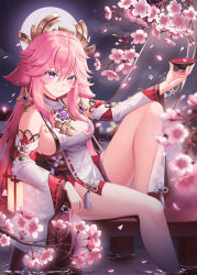 Rule 34 | 1girl, animal ears, breasts, cherry blossoms, cup, detached sleeves, earrings, falling petals, fox ears, genshin impact, hair between eyes, hair ornament, highres, holding, holding cup, jewelry, large breasts, long hair, looking at viewer, nowsicaa, parted lips, partially submerged, pendant, petals, pink hair, shirt, sitting, sleeveless, sleeveless shirt, smile, solo, vision (genshin impact), water, white shirt, wide sleeves, yae miko