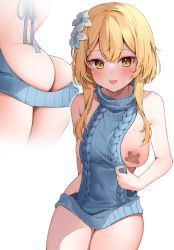 Rule 34 | 1girl, :d, absurdres, ass, bandaid, bandaids on nipples, bare arms, blonde hair, blue sweater, blush, breasts, cowboy shot, crossed bandaids, flower, from behind, genshin impact, hair flower, hair ornament, highres, large breasts, long hair, looking at viewer, lumine (genshin impact), meme attire, multiple views, one breast out, open mouth, pasties, reel (riru), sidelocks, simple background, smile, sweat, sweater, virgin killer sweater, white background, white flower, yellow eyes
