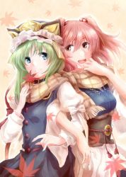 Rule 34 | 2girls, autumn leaves, blue eyes, blush, commentary request, dress, green hair, hair bobbles, hair ornament, hat, kitsune maru, locked arms, multiple girls, onozuka komachi, open mouth, puffy short sleeves, puffy sleeves, red eyes, red hair, sash, scarf, shared clothes, shared scarf, shiki eiki, short sleeves, smile, touhou, two side up, yuri