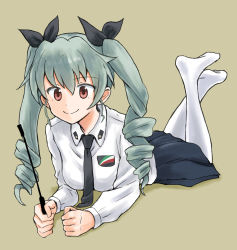 Rule 34 | 10s, 1girl, anchovy (girls und panzer), anzio school uniform, arm support, black necktie, black ribbon, black skirt, closed mouth, dress shirt, drill hair, emblem, full body, girls und panzer, green hair, hair ribbon, holding, long hair, long sleeves, looking at viewer, lying, miniskirt, mutsu (layergreen), necktie, no shoes, on stomach, pantyhose, pleated skirt, red eyes, ribbon, riding crop, school uniform, shirt, skirt, smile, solo, twin drills, twintails, white pantyhose, white shirt