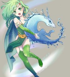 Rule 34 | 1girl, aged up, breasts, cape, chicken love, dated, detached sleeves, earrings, final fantasy, final fantasy iv, foot out of frame, green eyes, green hair, hair ornament, highres, jewelry, leviathan (final fantasy), long hair, looking at viewer, open mouth, rydia (ff4), simple background, small breasts, smile, solo, thighhighs