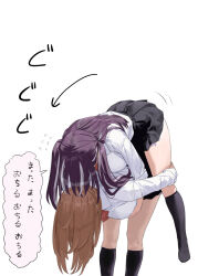 Rule 34 | 2girls, bent over, black skirt, black socks, bow, bowtie, breasts, brown hair, carrying, collared shirt, commentary, english commentary, kaisen chuui, kneehighs, large breasts, long sleeves, mixed-language commentary, multiple girls, original, piggyback, pleated skirt, purple hair, red bow, red bowtie, school uniform, shirt, shirt tucked in, simple background, skirt, socks, thighs, translation request, white background, white shirt