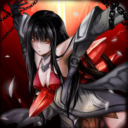 Rule 34 | 1girl, bad id, bad pixiv id, bdsm, black hair, bondage, bound, breasts, chain, cleavage, crystal, guro, hotori (sion), impaled, jewelry, large breasts, long hair, lord of vermilion, necklace, red eyes, rishia, solo