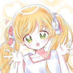 Rule 34 | 1girl, bad id, bad twitter id, blonde hair, blush, commentary request, copyright request, dress, green eyes, hands up, long hair, looking at viewer, open mouth, solo, swept bangs, traditional media, twintails, white dress, yalmyu