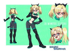 Rule 34 | 1girl, 30 minutes sisters, black footwear, black gloves, blonde hair, boots, breasts, clothing cutout, elbow gloves, glasses, gloves, hair behind ear, hand on own hip, highres, it man, medium breasts, multiple views, navel, open hands, open mouth, parted bangs, smile, stomach cutout, thigh boots, twintails, v-shaped eyebrows