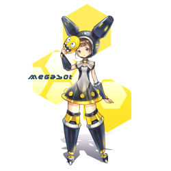 Rule 34 | 1girl, :o, android, arm at side, arm guards, big hero 6, black panties, breasts, brown eyes, brown hair, capelet, character name, disney, dress, full body, headgear, helmet, hexagon, holding, holding mask, looking at viewer, mask, unworn mask, matching hair/eyes, megabot, panties, personification, ringka (pixiv), see-through, shadow, short dress, small breasts, solo, spread legs, standing, underwear, white background