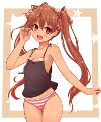 Rule 34 | 10s, 1girl, brown eyes, brown hair, camisole, dark-skinned female, dark skin, fang, flat chest, hair ribbon, highres, kantai collection, libeccio (kancolle), long hair, open mouth, panties, qunqing, ribbon, smile, solo, striped clothes, striped panties, twintails, underwear