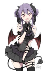Rule 34 | 1girl, :d, bare shoulders, black dress, black gloves, black nails, black thighhighs, breasts, brown wings, chikanoko, commentary request, curled horns, dated, demon girl, demon horns, demon tail, demon wings, dress, fangs, fingerless gloves, gloves, hair between eyes, highres, horns, index finger raised, lace, lace gloves, medium breasts, nail polish, naito mare, open mouth, pleated dress, purple hair, ragho no erika, red eyes, signature, simple background, sleeveless, sleeveless dress, smile, solo, tail, thighhighs, white background, wings