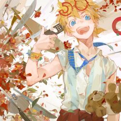 Rule 34 | 1boy, a-shacho, bandaid, bangle, blonde hair, blue eyes, bracelet, butter knife, clothes around waist, controller, dress shirt, eyewear on head, fangs, flower, highres, holding, holding remote control, jacket, jacket around waist, jewelry, kagamine len, leaf, lensless glasses, looking at viewer, loose necktie, male focus, necktie, open mouth, partially unbuttoned, petals, ponytail, remote control, shirt, short hair, slit pupils, smile, stuffed animal, stuffed toy, teddy bear, vocaloid, white shirt