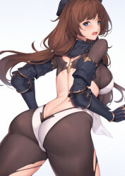 Rule 34 | 1girl, armor, armored gloves, ass, bare back, blue eyes, blush, breasts, brown hair, butt crack, elbow gloves, embarrassed, gloves, granblue fantasy, highres, large breasts, leotard, long hair, looking back, open mouth, pak ce, pantyhose, plate armor, raziel (granblue fantasy), solo, thighs, torn clothes, torn pantyhose, white leotard