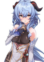 Rule 34 | 1girl, bare shoulders, bell, black gloves, blue hair, blush, breasts, chinese knot, detached sleeves, flower knot, ganyu (genshin impact), genshin impact, gloves, gold trim, hand on own chest, highres, horns, kumamiya, light smile, long hair, looking at viewer, medium breasts, multicolored eyes, neck bell, parted lips, pelvic curtain, sidelocks, solo, vision (genshin impact), white background, white sleeves