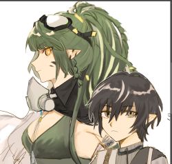 Rule 34 | 1boy, 1girl, arknights, bingren, black hair, breasts, gavial (arknights), gavial the invincible (arknights), goggles, goggles on head, green hair, grey eyes, long hair, looking at viewer, material growth, medium breasts, minimalist (arknights), oripathy lesion (arknights), pointy ears, ponytail, profile, short hair, simple background, white background, yellow eyes