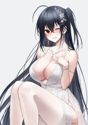 Rule 34 | 1girl, ahoge, azur lane, bare shoulders, black hair, blush, bracelet, breasts, collarbone, crossed bangs, dress, flower, hair between eyes, hair flower, hair ornament, hand on own chest, highres, jewelry, large breasts, long hair, looking at viewer, necklace, official alternate costume, one eye closed, one side up, red eyes, ring, simple background, solo, taihou (azur lane), taihou (temptation on the sea breeze) (azur lane), thighhighs, twitter username, very long hair, wedding ring, white background, white dress, white flower, white thighhighs, yorugami rei