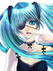 Rule 34 | 1girl, aqua eyes, aqua hair, bad id, bad pixiv id, bare shoulders, black dress, black nails, bow, choker, dress, eyepatch, finger to mouth, hatsune miku, lace, lips, long hair, looking at viewer, nail polish, simple background, solo, twintails, upper body, usui hinagi, vocaloid, white background, yukina (ss336336)