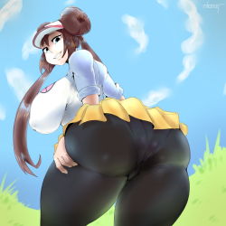 Rule 34 | 1girl, absurdres, ass, breasts, brown hair, creatures (company), double bun, game freak, grass, hair bun, highres, huge ass, large breasts, long hair, looking at viewer, looking back, nezulet, nintendo, panties, pantyhose, pokemon, pokemon bw2, raglan sleeves, rosa (pokemon), sky, smile, solo, thick thighs, thighs, twintails, underwear