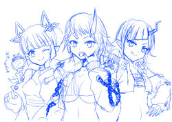 Rule 34 | 3girls, ;), arrow (symbol), asymmetrical horns, blue theme, breasts, closed mouth, crop top, crop top overhang, diagonal bangs, fang, fang out, finger in own mouth, hair ornament, hand mirror, hand on own hip, head tilt, holding, holding mirror, horns, jacket, kojo anna, kojo anna (1st costume), long hair, long sleeves, medium breasts, mirror, monochrome, multiple girls, nanashi inc., navel, okiru, one eye closed, open clothes, open jacket, pointy ears, puffy long sleeves, puffy sleeves, ryugasaki rene, ryugasaki rene (1st costume), shishio chris, simple background, sleeves past wrists, smile, sugar lyric, tongue, tongue out, translation request, underboob, upper body, v-shaped eyebrows, virtual youtuber, white background