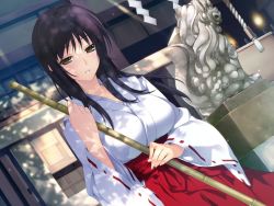 Rule 34 | 1girl, black eyes, breasts, candle, fire, game cg, happy, iizuki tasuku, izumi wakoto, japanese clothes, large breasts, long hair, looking at viewer, lovely x cation 2, miko, purple hair, rope, shadow, smile, solo, standing, statue, temple