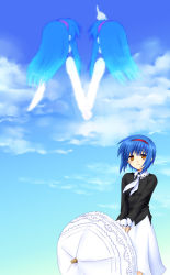 Rule 34 | 1girl, blue hair, cloud, day, fuyuichi, hairband, little busters!, necktie, nishizono mio, parasol, projected inset, short hair, sky, solo, umbrella, yellow eyes