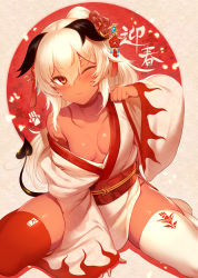 Rule 34 | 1girl, ;3, absurdres, arm support, asymmetrical legwear, bare shoulders, black rock shooter, blush, breasts, cleavage, closed mouth, collarbone, dark-skinned female, dark skin, demon tail, hair ornament, highres, japanese clothes, kimono, long hair, long sleeves, looking at viewer, m-da s-tarou, medium breasts, mismatched legwear, obi, off shoulder, one eye closed, red eyes, red legwear, sash, sitting, sleeves past wrists, solo, strength (black rock shooter), tail, white hair, white kimono, white legwear, wide sleeves