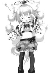 Rule 34 | 1girl, adapted costume, animal ears, black thighhighs, detached sleeves, closed eyes, geta, greyscale, halloween, halloween costume, hat, hat ribbon, hikanyan, inubashiri momiji, long sleeves, midriff, monochrome, navel, open mouth, paw pose, puffy shorts, pumpkin shorts, ribbon, shirt, shorts, smile, solo, standing, tail, thighhighs, tokin hat, touhou, wide sleeves, wolf ears, wolf tail, zettai ryouiki