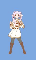Rule 34 | 1girl, :3, = =, animated, black pantyhose, blue background, boots, brown footwear, capelet, commentary, dancing, dress, earrings, elf, english commentary, expressionless, frieren, full body, jewelry, long hair, long sleeves, meme, milgtea, pantyhose, pointy ears, pokedance (meme), simple background, smile, solo, sound, sousou no frieren, tagme, thick eyebrows, twintails, video, white capelet, white dress, white hair
