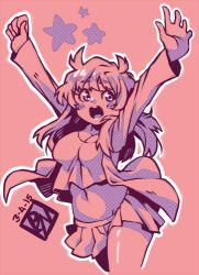 Rule 34 | 1girl, arms up, babydoll t-shirt, blush stickers, breasts, cleavage, cowboy shot, jacket, long hair, lowres, monochrome, navel, open mouth, original, outline, poch4n, red background, red theme, skirt, solo, star (symbol), teeth, upper teeth only