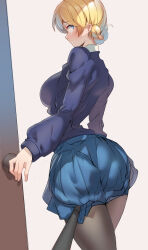 Rule 34 | 1girl, ayakumo, black pantyhose, blonde hair, blue eyes, blue skirt, blue sweater, blush, braid, closed mouth, clothes lift, commentary, cowboy shot, darjeeling (girls und panzer), dress shirt, english commentary, from behind, frown, girls und panzer, highres, lifting another&#039;s clothes, long sleeves, looking at viewer, looking back, miniskirt, opening door, out of frame, pantyhose, pleated skirt, school uniform, shirt, short hair, skirt, skirt lift, solo, st. gloriana&#039;s school uniform, standing, sweater, twin braids, white shirt