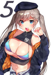 Rule 34 | 1girl, blue eyes, breasts, cleavage, commentary request, grey hair, hat, large breasts, long hair, looking at viewer, mataro (matarou), navel, open mouth, original, solo, white background