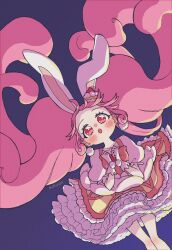 Rule 34 | 1girl, aji fry, animal ears, bow, cake hair ornament, commentary request, cure whip, dress, earrings, extra ears, food-themed hair ornament, food-themed ornament, fruit brooch, gloves, hair ornament, highres, jewelry, kirakira precure a la mode, long hair, magical girl, open mouth, pink hair, pom pom (clothes), pom pom earrings, precure, rabbit ears, red eyes, strawberry brooch, twintails, usami ichika
