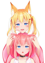 Rule 34 | 2girls, ahoge, animal ear fluff, animal ears, bad id, bad pixiv id, bell, blonde hair, blue eyes, cat ears, choker, detached sleeves, fox ears, hair ornament, hand on another&#039;s ear, highres, hinata channel, jingle bell, kemomimi oukoku kokuei housou, long hair, low twintails, mikoko (kemomimi oukoku kokuei housou), multiple girls, nekomiya hinata, open mouth, pink hair, ribbon, smile, touching ears, twintails, upper body, vest, virtual youtuber, white vest