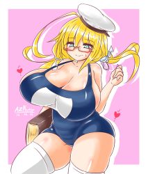 Rule 34 | 10s, 1girl, aqua eyes, ayazumi flutter, blonde hair, blue one-piece swimsuit, book, breasts, bursting breasts, collarbone, female focus, glasses, hat, huge breasts, i-8 (kancolle), kantai collection, long hair, one-piece swimsuit, plump, school swimsuit, sideboob, simple background, smile, solo, standing, swimsuit, thighhighs, twintails, unaligned breasts, white thighhighs