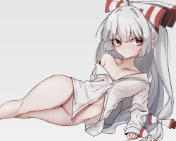Rule 34 | 1girl, blush, bottomless, bow, collared shirt, commentary, feet out of frame, fujiwara no mokou, grey background, hair bow, long hair, long sleeves, looking at viewer, lying, ohkey now, on side, red eyes, shirt, simple background, solo, touhou, white hair, white shirt