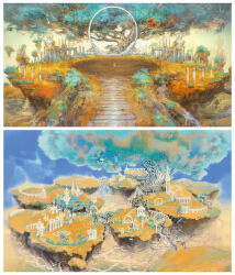 Rule 34 | artist request, blue sky, border, building, circle, day, field, final fantasy, final fantasy xiv, floating island, from above, no humans, official art, outdoors, plant roots, scenery, sky, third-party source, tree, white border