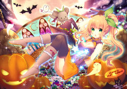 Rule 34 | 1girl, artist name, azu torako, bat (animal), black thighhighs, blonde hair, blush, boots, breasts, brown footwear, brown gloves, candy, chestnut mouth, cleavage, corset, dated, food, full body, full moon, garter straps, ghost, gloves, green eyes, green ribbon, hair ribbon, halloween, hand up, happy halloween, hat, heart, high heel boots, high heels, holding, holding wand, jack-o&#039;-lantern, knee boots, long hair, looking at viewer, lying, medium breasts, moon, mouse (animal), on back, open mouth, orange skirt, original, pleated skirt, pumpkin, ribbon, side ponytail, signature, skirt, solo, speech bubble, thighhighs, twitter username, unworn hat, unworn headwear, wand, witch hat